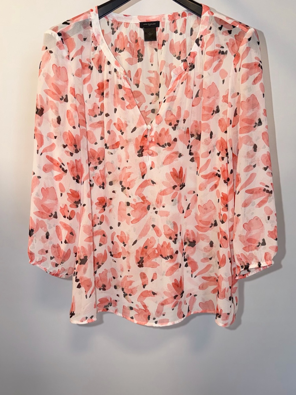 Ann Taylor Pink Coral Floral V-Neck Sheer Blouse
